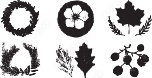 Handcrafted seasonal wreaths illustrated in black. This vector set features various designs, including floral and leafy elements.