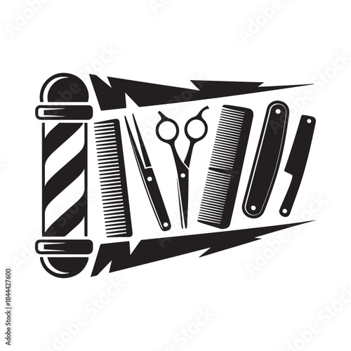 Classic barber shop tools including combs scissors and a striped barber pole design