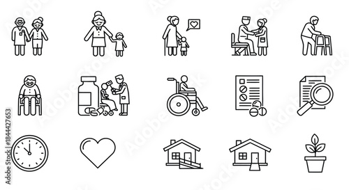 Elderly care and support icons illustration