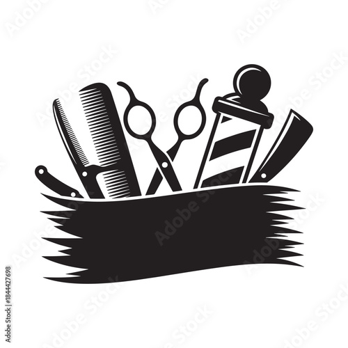 Vintage barber tools collection arranged in a black and white illustration style