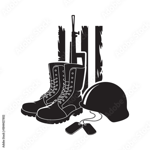 Military boots helmet rifle and dog tags a symbol of service and sacrifice