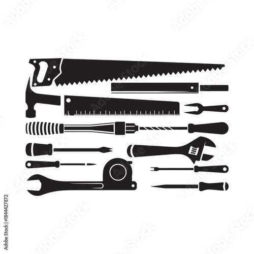 A collection of black silhouette hand tools for various construction tasks