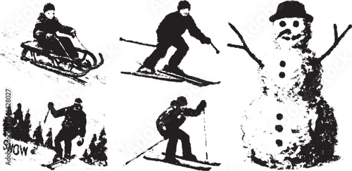 Winter activity icons set featuring skiing, sledding, and a snowman. Simple black and white vector illustration for kids' themes.