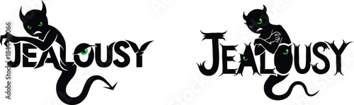 Two distinct black silhouette logo designs featuring a small devil figure intertwined with the word jealousy in green eyes