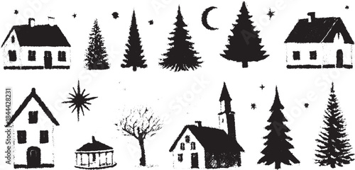 Winter village icons set: black silhouette houses and trees, including stars and a moon. Simple vector illustration for flat design projects.