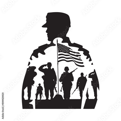 Silhouette of a soldier with scenes of military personnel and the american flag
