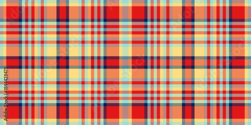 Packaging fabric check seamless, worn textile texture tartan. Sale plaid pattern vector background in red and teal colors.