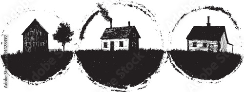 House emblems in a simple vector style. Black and white illustration featuring cottages and trees in a rural landscape set.