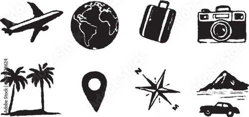 Travel icons including airplane, suitcase, globe, and camera. Simple black doodles create a travel vector illustration set.
