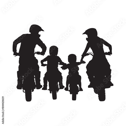 Family silhouette enjoying a bicycle ride together in a dark simple style