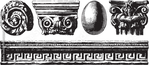 Decorative cornice and capital elements in vintage style. Black and white vector illustration showcasing classic architectural motifs in detail.