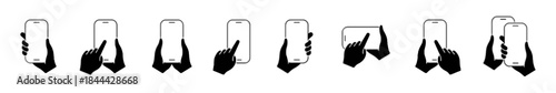 Hands hold smartphone and touch screen vector illustrations set for mobile device connection and digital technology
