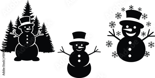 Set of black snowman silhouettes, vector icons of snow characters with top hats, pine trees, snowflakes for winter holiday, Christmas decoration, and seasonal design