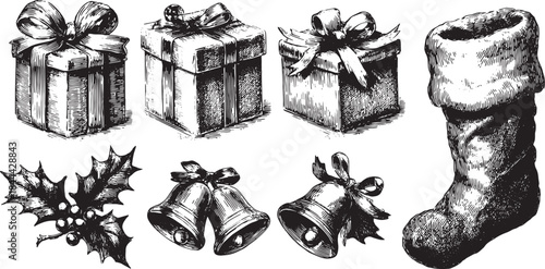 Vintage vector illustration set of gift icons, including holly, bells, and a stocking. Classic black and white design for holiday themes.