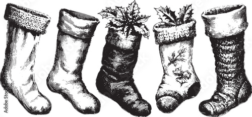 Vintage Christmas stockings in a knitted style. Set of decorative illustrations featuring holly, available in vector format.