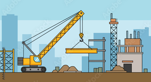 Construction site with crane lifting beam