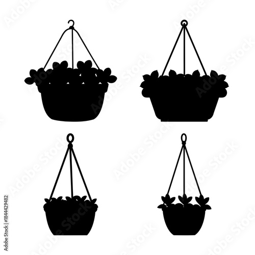 Hanging flower basket silhouettes set on white background vector