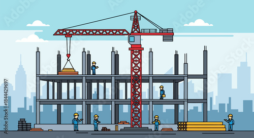 Construction site with workers and crane building skyscraper
