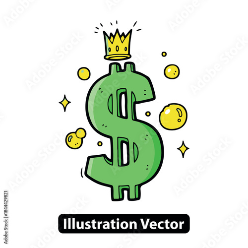 Hand-drawn dollar sign wearing a golden crown, a vector illustration of wealth and financial success