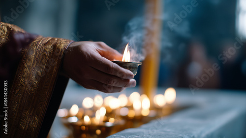 Hand holding lit candle during orthodox church service, sacred faith and prayer concept, spiritual devotion, religious ritual, worship atmosphere, glowing holy light and tradition with copy space