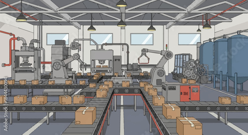 Industrial warehouse with conveyor belt and machinery