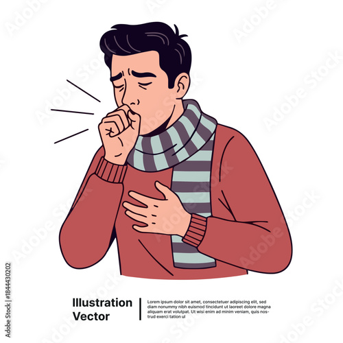 Illness concept: Man with a scarf coughing into his hand, feeling unwell, vector illustration