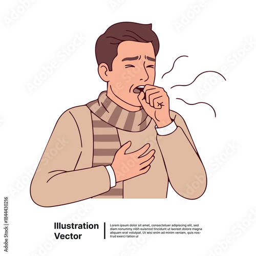 Illustration of a man coughing, experiencing cold or flu symptoms and discomfort