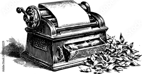 Vintage printer machine illustration with intricate details in black and white. Classic design featuring paper leaves in a vector format.