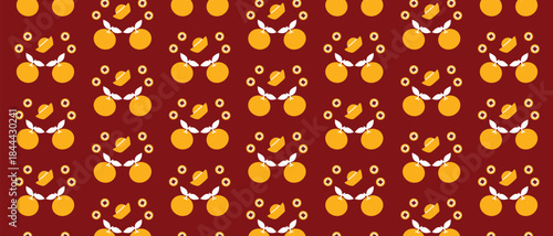 Seamless Chinese New Year pattern with festival elements, oranges, Chinese coins and traditional headwear on red background