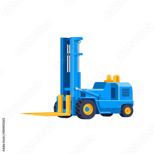 blue forklift truck with yellow accents on white background