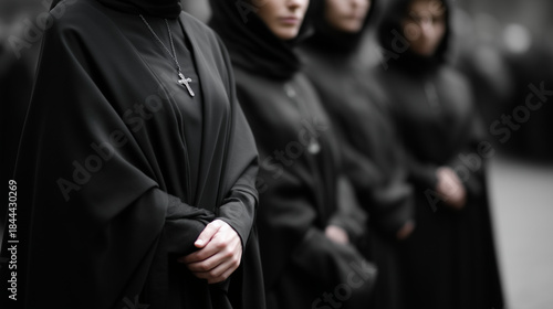 horizontal documentary-style photograph capturing a group of Orthodox Christian women dressed in traditional processional clothing. The composition is tightly framed from shoulder