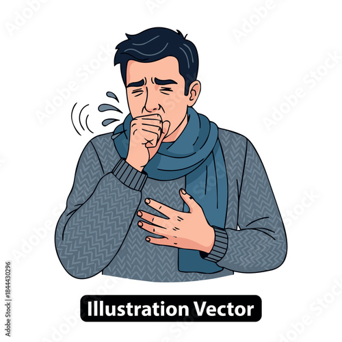 Man suffering from a cold or flu, coughing and feeling unwell, vector illustration of sickness