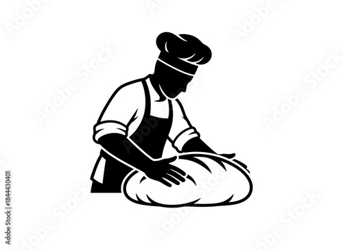 Baker kneading dough for baking cooking culinary bread making food preparation pastry chef kitchen artisan homemade craft branding design