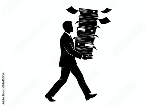 Person carrying stack of documents papers for office work business paperwork busy workload administrative professional employee task branding design