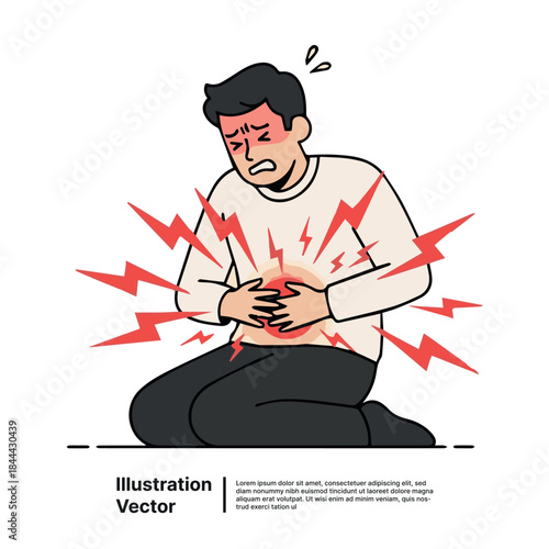 Man suffering from severe abdominal pain, clutching stomach, feeling unwell in an indoor setting - vector illustration