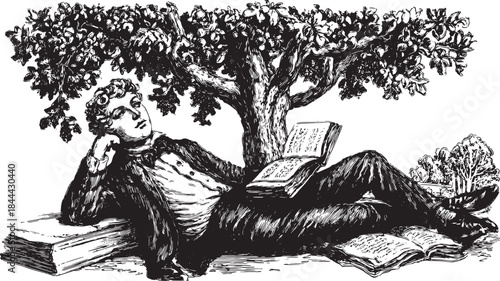 Man resting under a tree with a book in a black and white vector illustration. Classic vintage artwork featuring scenic outdoor elements.