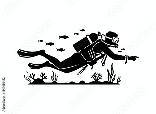 Scuba diver swimming underwater with fish for ocean diving marine exploration aquatic adventure reef sea life water branding design