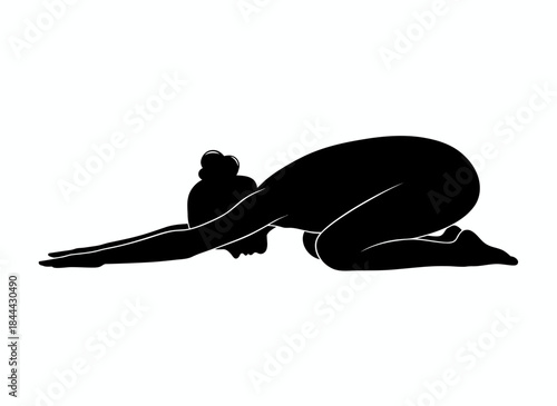 Person in child pose yoga position for relaxation meditation rest stretching flexibility wellness calm peaceful exercise branding design