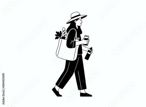 Fashionable woman walking with hat and bag for style elegance shopping fashion confident chic urban lifestyle trendy sophisticated branding design