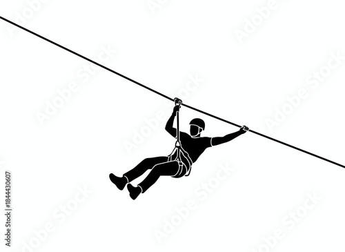 Person zip lining on cable for adventure extreme sport thrill outdoor activity recreation adrenaline flying aerial excitement branding design