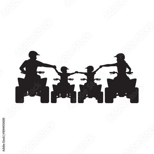 Family adventure Silhouette of four people riding all terrain vehicles together