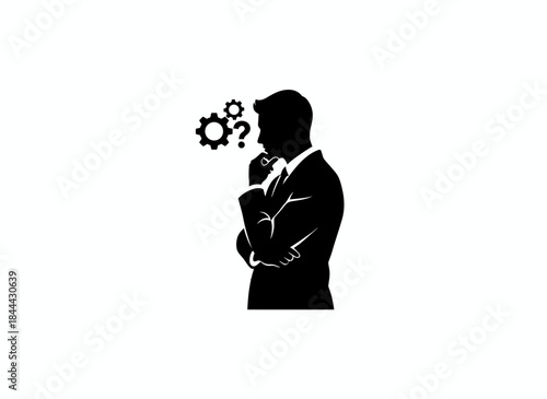 Businessman thinking with gears in head for problem solving strategy innovation analytical planning business intelligence creative branding design