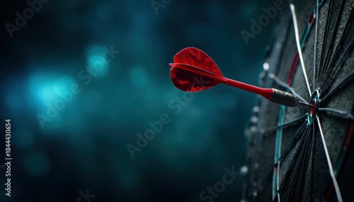 Close-up of a red dart perfectly hitting the bullseye on a dartboard against a blurred, dark teal background.