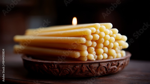 Bundle of thin church candles on wooden surface, religious worship concept, faith and prayer, sacred ritual supplies, orthodox tradition, spiritual devotion and church interior detail with copy space