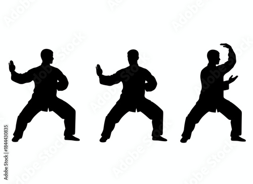 Three people practicing martial arts kung fu in silhouette for self defense training combat sports fighting technique action branding design