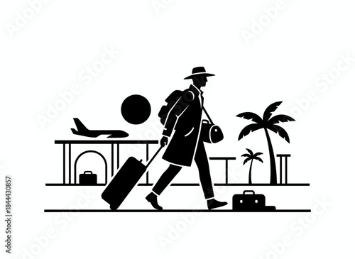 Traveler walking with luggage at airport journey silhouette mobility scene perfect for travel tourism vacation business trip or passenger transportation design