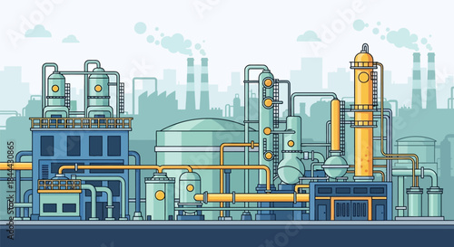 Industrial factory complex with smokestacks and pipes
