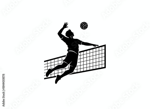 Volleyball player spiking ball over net athletic action silhouette competitive sport perfect for team game beach volleyball court competition or athletic skill design