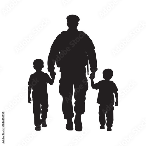 Silhouette of a soldier walking with two children holding hands together