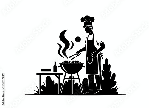 Chef cooking at outdoor grill barbecue for culinary food preparation grilling cookout summer outdoor cooking professional BBQ branding design